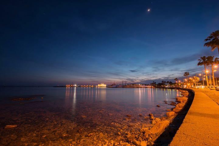 Paphos Promenade bei Nacht mit Palmen